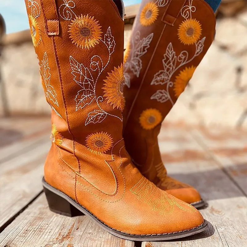 Amozae-Back to College Women's Boots Mid-Calf Cowboy Boots Embroidery Western Autumn Boots for Women Vintage Female Shoes Luxury PU Leather Boots 35-43