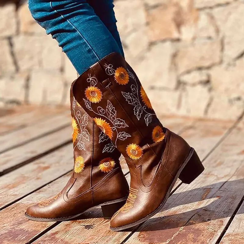 Amozae-Back to College Women's Boots Mid-Calf Cowboy Boots Embroidery Western Autumn Boots for Women Vintage Female Shoes Luxury PU Leather Boots 35-43