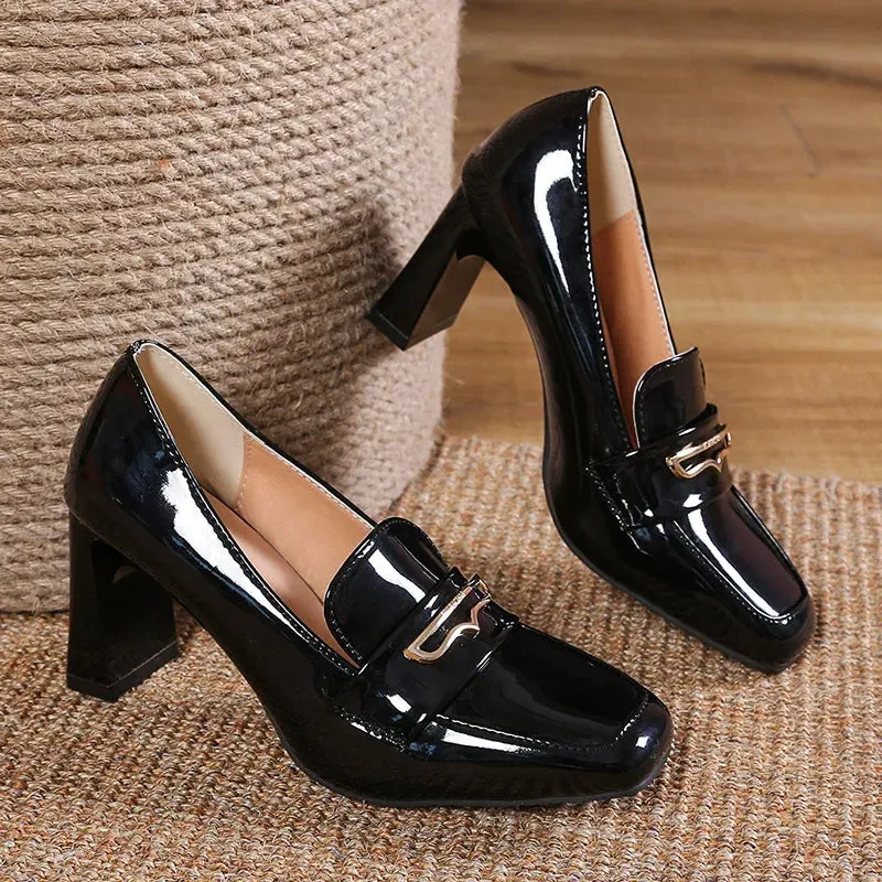 Amozae-Chunky Loafer Shoes Women Pumps Brand High Heels Loafers Metal Buckles Square Toe Black Patent Leather Casual Platform Shoes