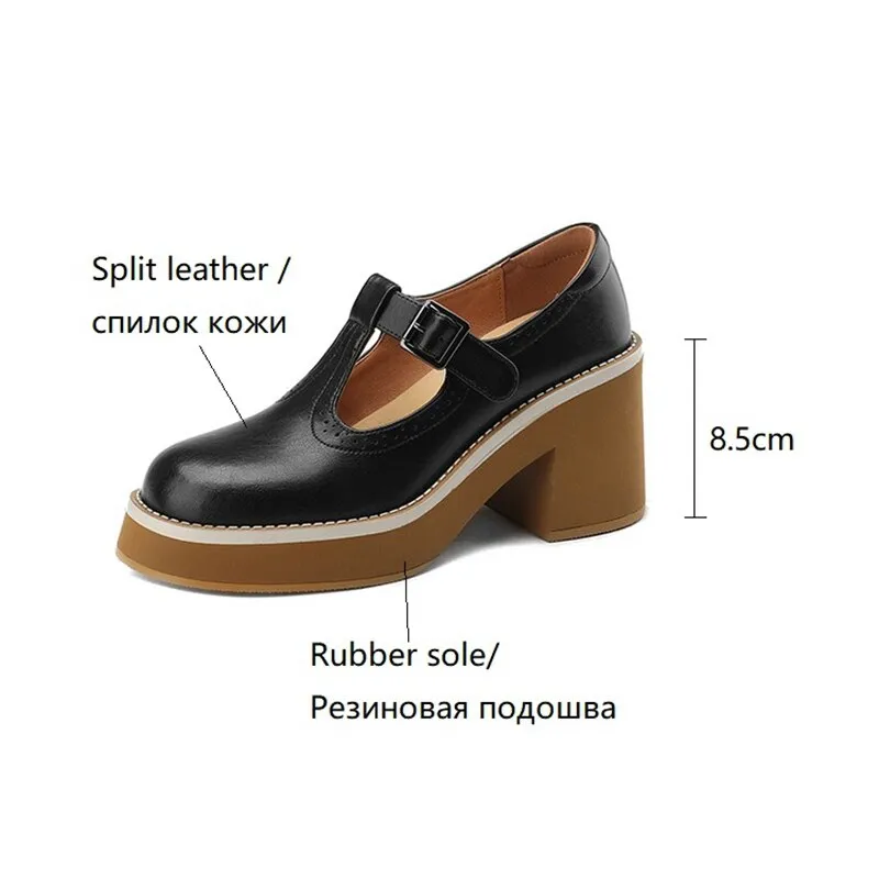 Amozae NEW Spring Women Shoes Round Toe Chunky Heel Mary Janes Split Leather Platform Shoes for Women Fashion Solid High Heels Women