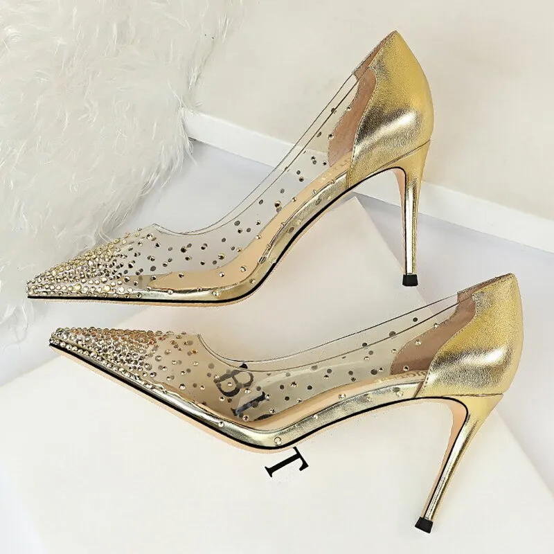 Amozae-Women 8.5cm High Heels Wedding Bridal Tacons Pumps Lady Crystal Diamond Fetish Heels Scarpins Stripper Transparent Shoes