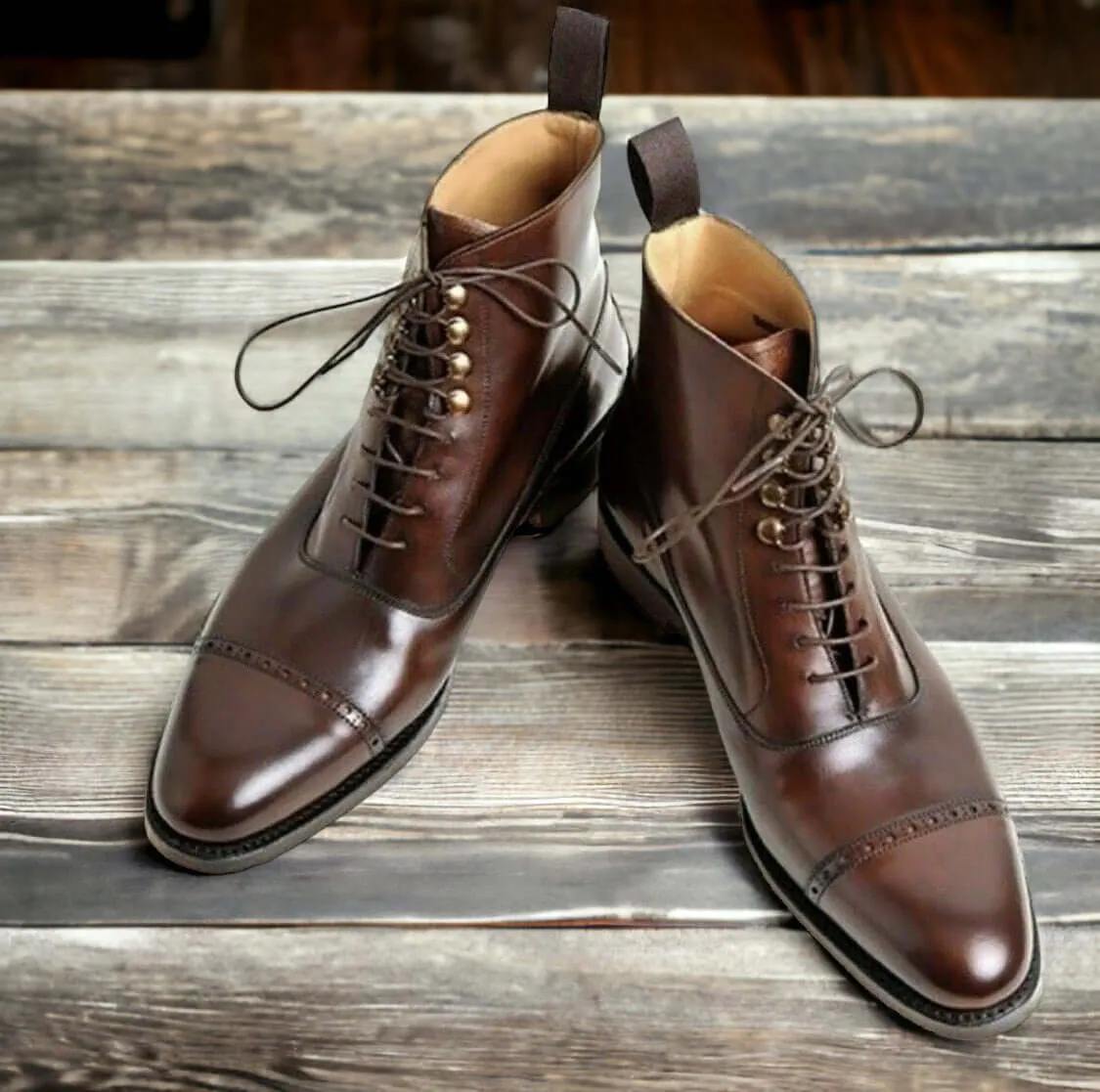 Ankle High Handmade Brown Cap Toe Lace Up Boot, Men's Pure Leather Boot