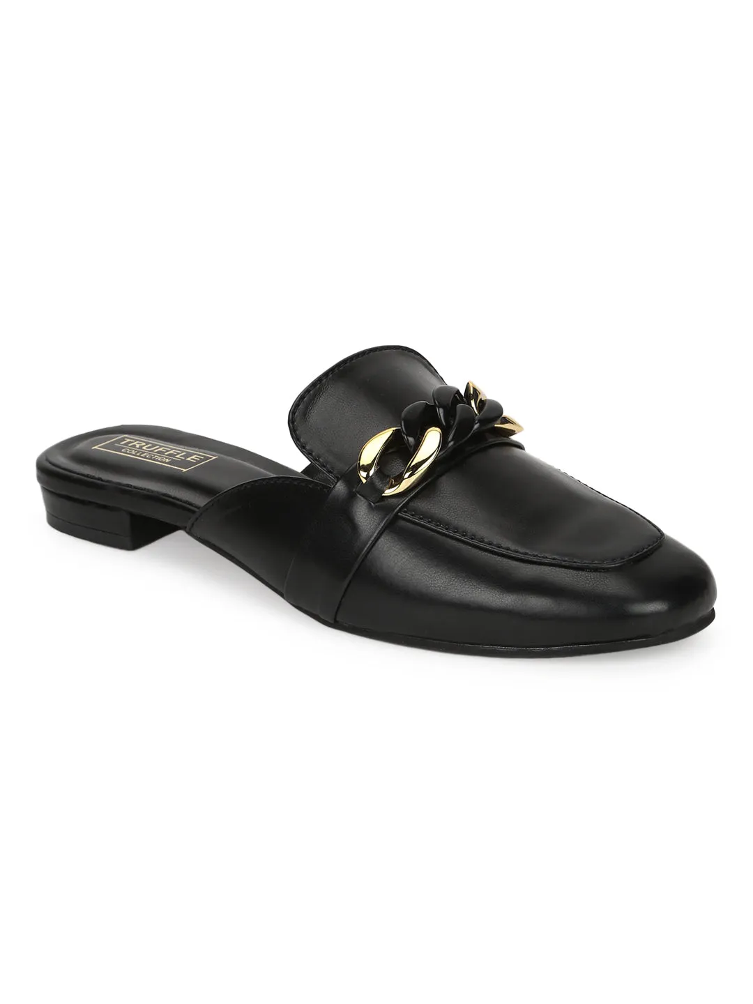 Black PU Kitten Heel Wide Chain Loafers (TC-SLC-C-6-BLK)