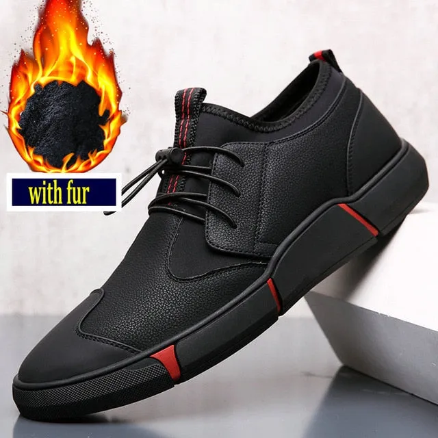 Brand High quality all Black Men's leather casual shoes Fashion Sneakers winter keep warm with fur flats big  size 45 46 LG-11