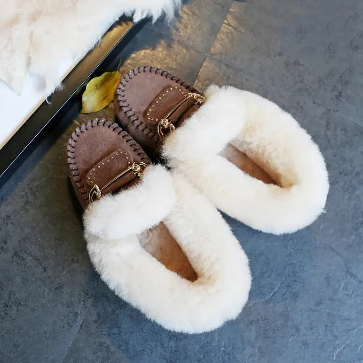 GRWG Winter 100% Genuine Leather Real Wool Women Flats New Fashion Female Moccasins Casual Loafers Plus Size Snow Shoes