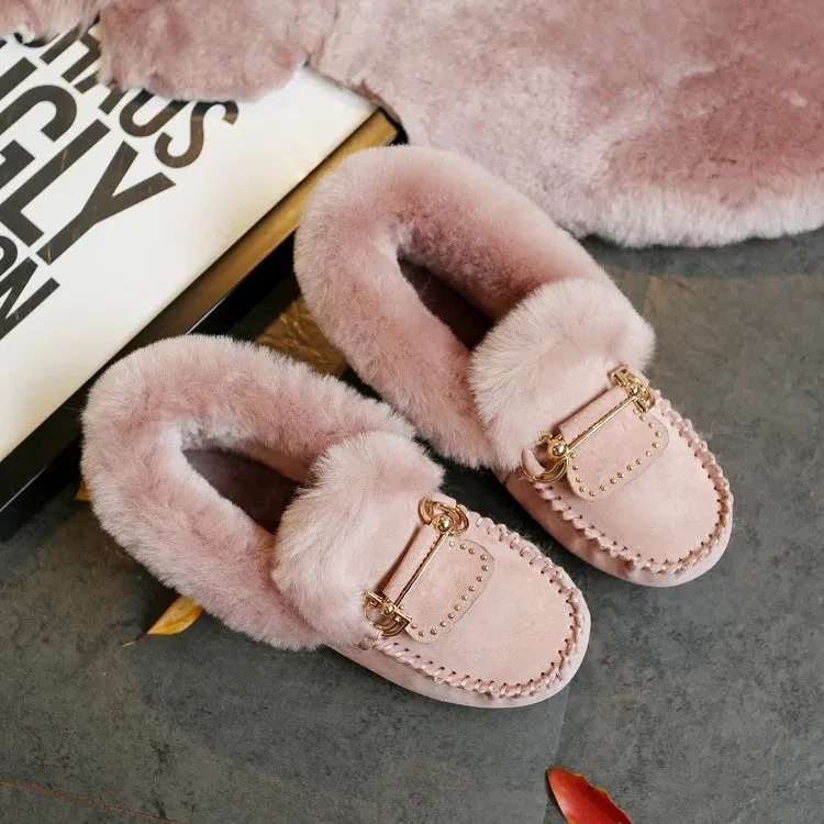 GRWG Winter 100% Genuine Leather Real Wool Women Flats New Fashion Female Moccasins Casual Loafers Plus Size Snow Shoes