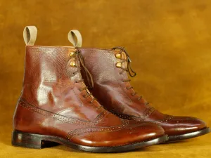 Handmade Brown Wing Tip High Ankle Brogue Lace Up Leather Boots, Men's Oxford Boots