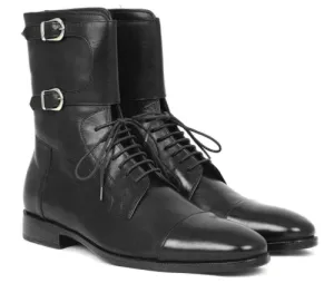 Handmade Men's Cap Toe black high Ankle leather boot