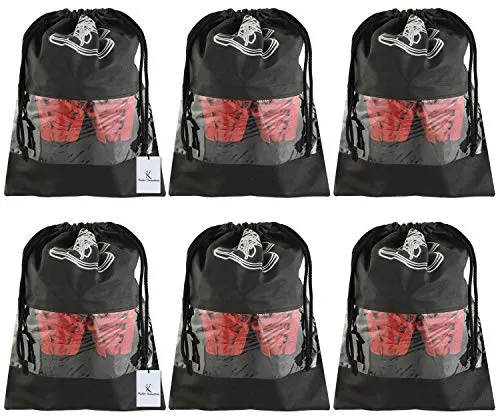 Heart Home Non Woven Travel Shoe Cover/String Bag Organizer|Durable Drawstring|One Transparent Window|Size 43 x 30 CM|Pack of 6 (Black)-HEART5239