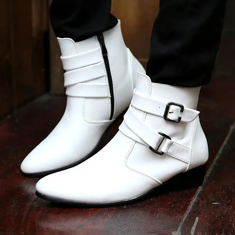 Hnzxzm Luxury Leather Chelsea Boots Men Designer White Dress Boots Men Casual High top Buckle Strap Formal Shoes Men Motorcycle Boots