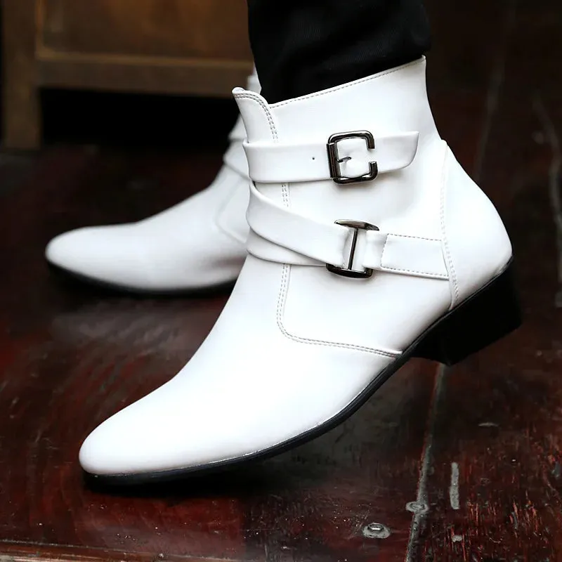 Hnzxzm Luxury Leather Chelsea Boots Men Designer White Dress Boots Men Casual High top Buckle Strap Formal Shoes Men Motorcycle Boots