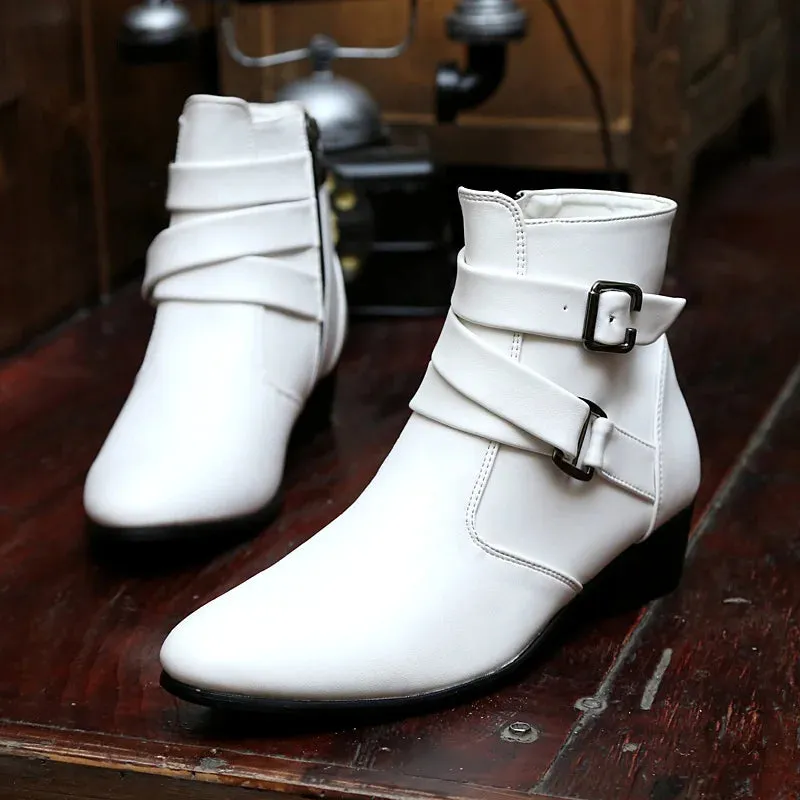 Hnzxzm Luxury Leather Chelsea Boots Men Designer White Dress Boots Men Casual High top Buckle Strap Formal Shoes Men Motorcycle Boots