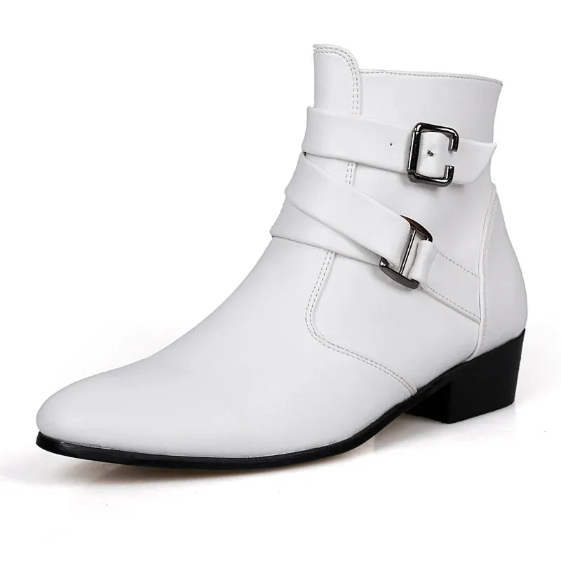 Hnzxzm Luxury Leather Chelsea Boots Men Designer White Dress Boots Men Casual High top Buckle Strap Formal Shoes Men Motorcycle Boots