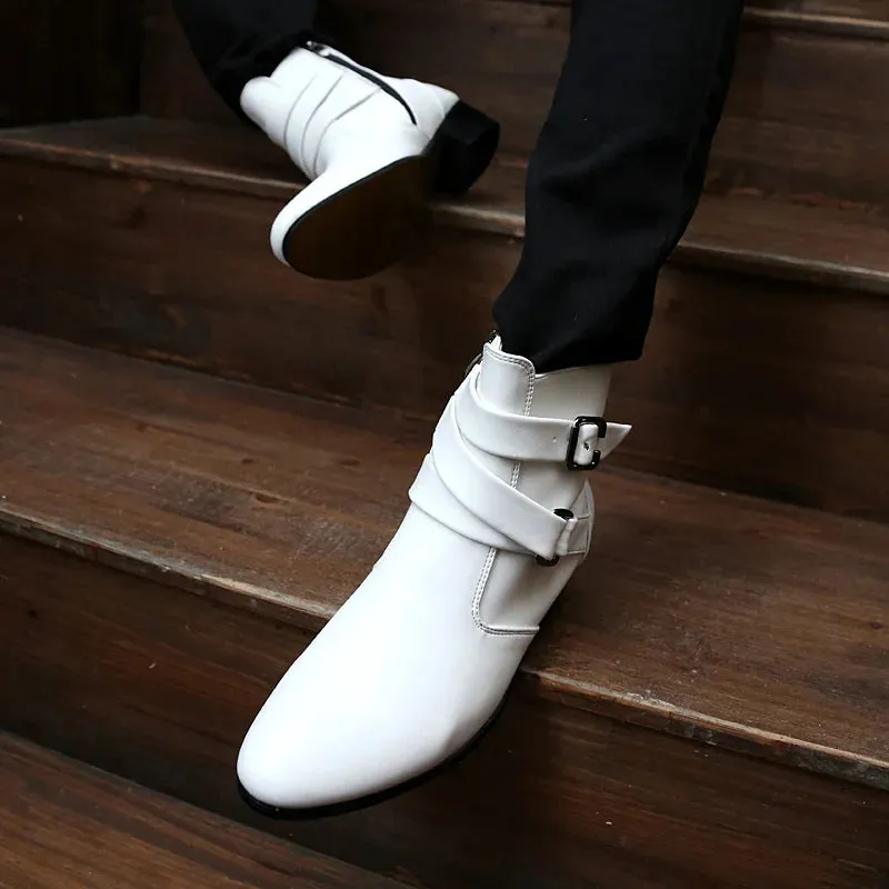 Hnzxzm Luxury Leather Chelsea Boots Men Designer White Dress Boots Men Casual High top Buckle Strap Formal Shoes Men Motorcycle Boots