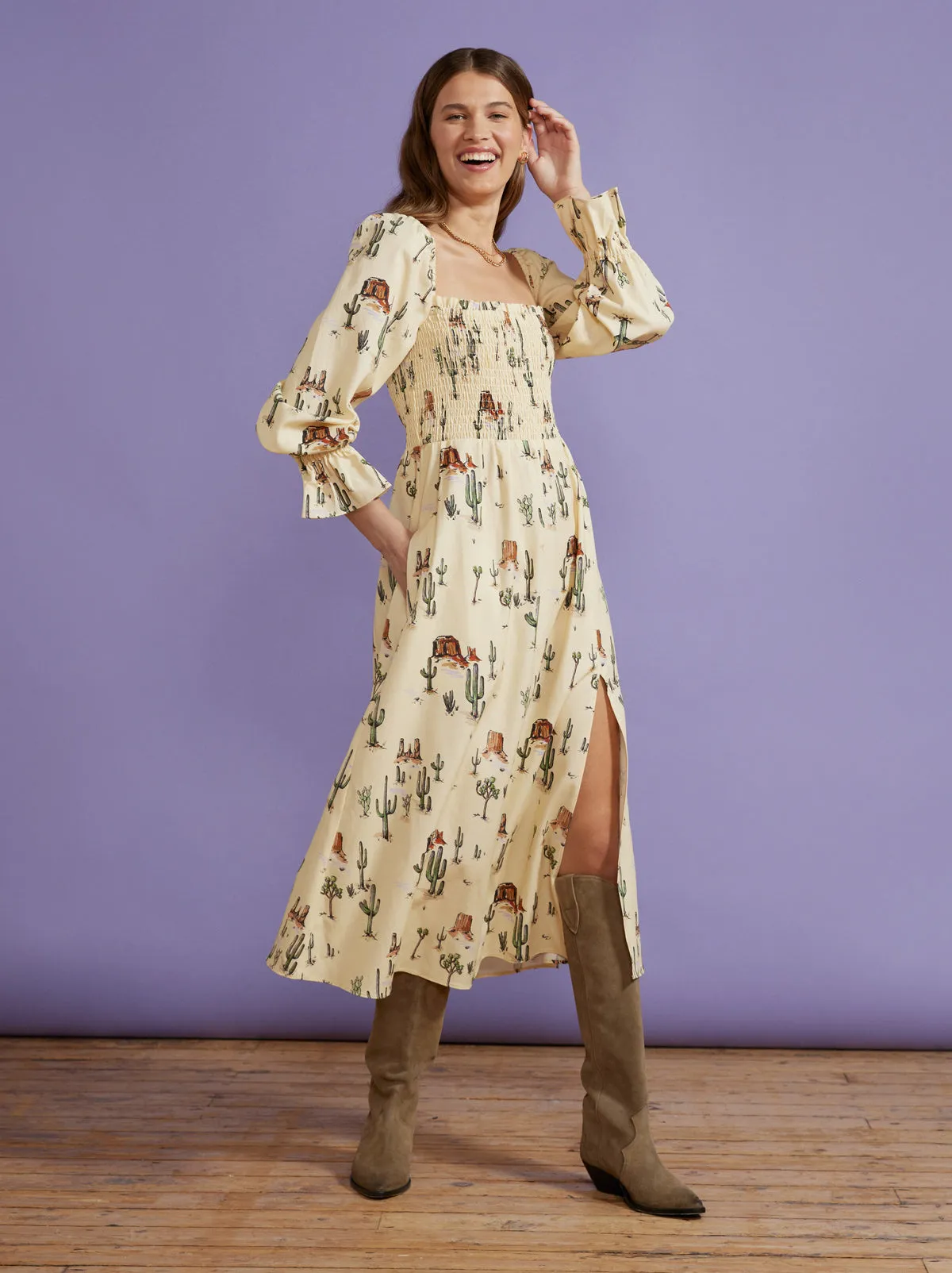 Jolene Joshua Tree Print Shirred Dress