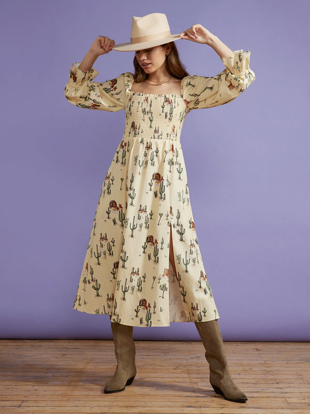 Jolene Joshua Tree Print Shirred Dress