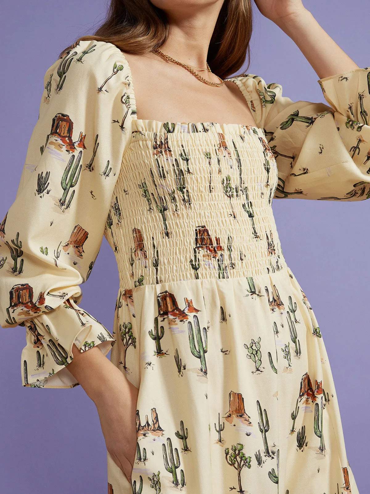 Jolene Joshua Tree Print Shirred Dress