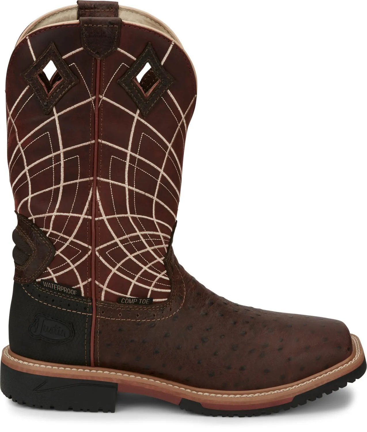 Justin Ostrich Print CT Mens Rust Derrickman Leather Work Boots