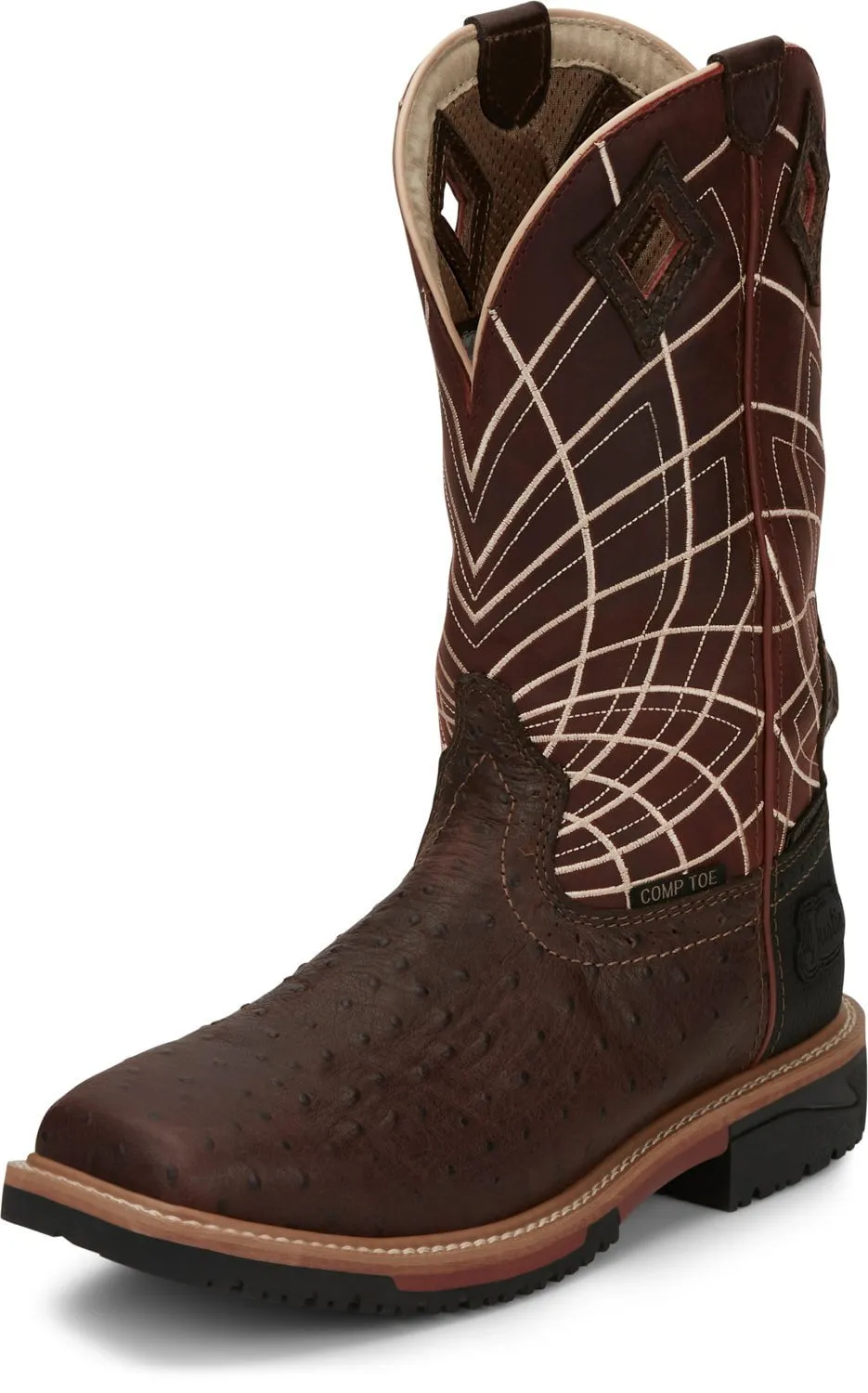 Justin Ostrich Print CT Mens Rust Derrickman Leather Work Boots