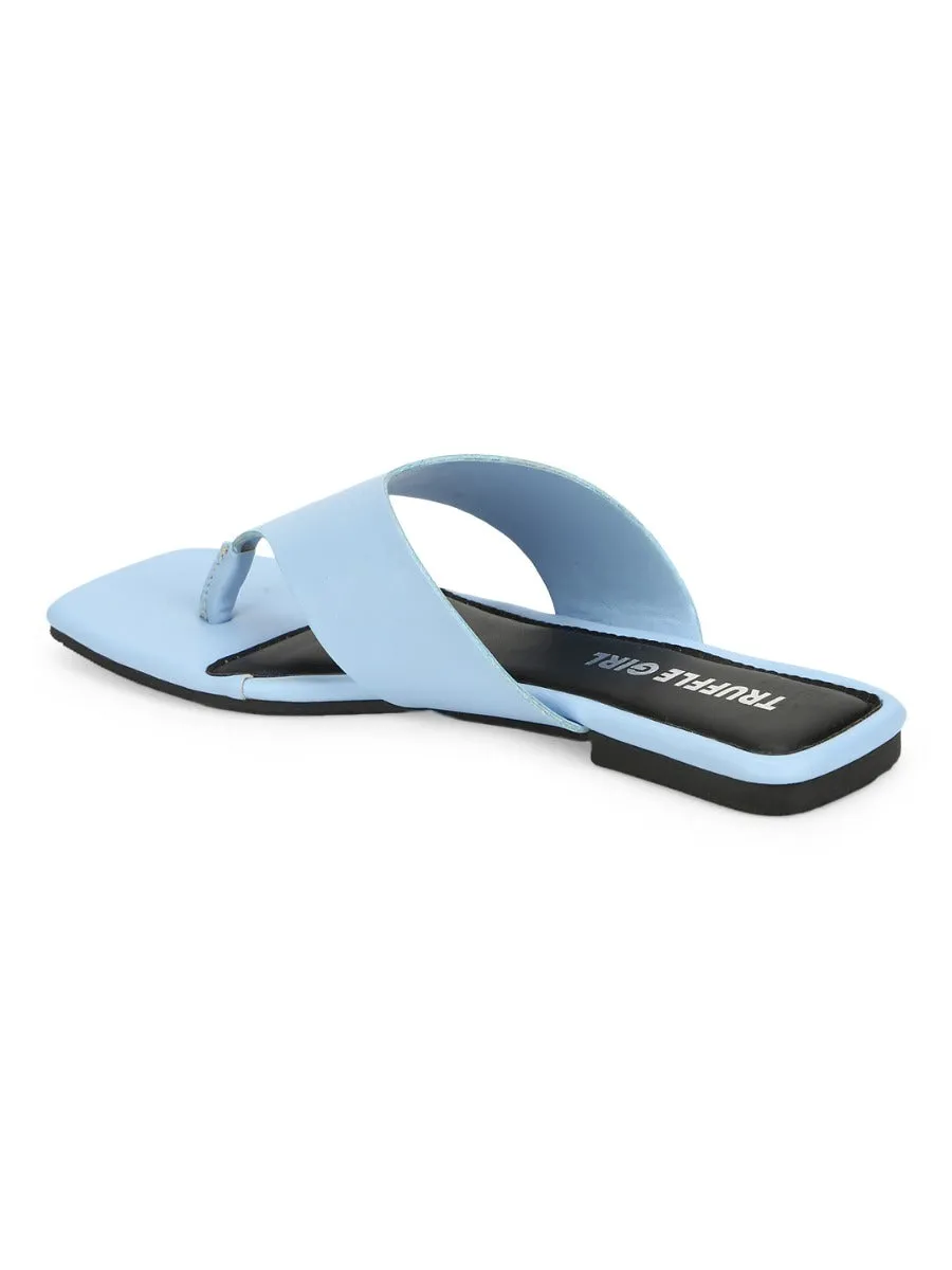 Light Blue PU Square Toe Flip Flop Slippers