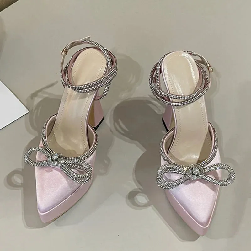 Liyke Runway Style Brand High Heels Women Pumps Fashion Butterfly-knot Crystal Pointed Toe Platform Chunky Party Prom Shoes Pink