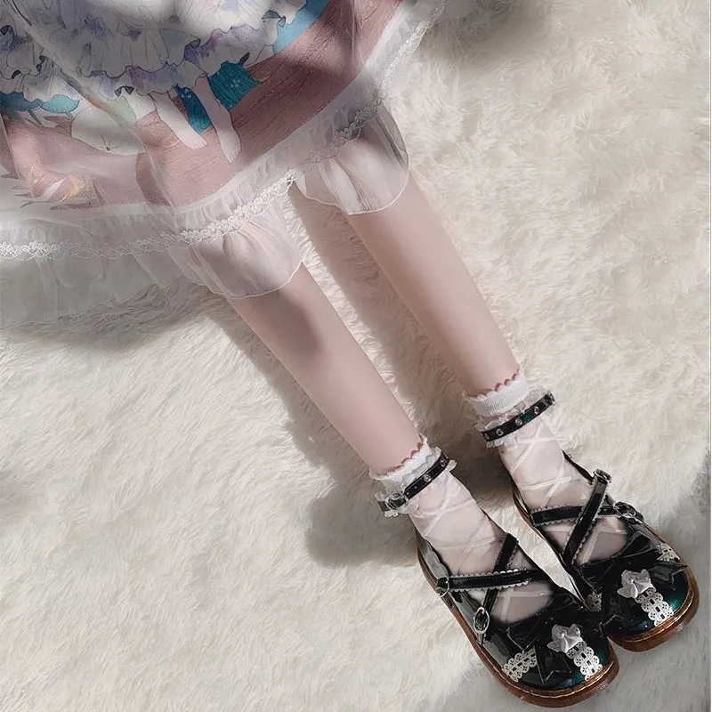 Sohiwoo Japanese sweet princess lolita shoes vintage round head women shoes cute lace bowknot cross strap kawaii shoes loli cosplay