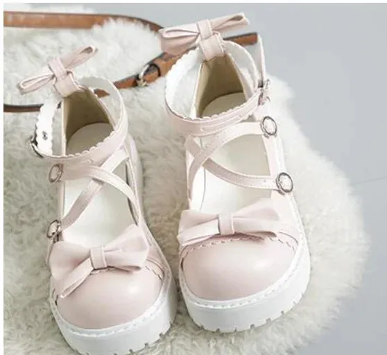 Sohiwoo Round Head Women Shoes Kawaii Girl Sweet Lolita Cosplay Shoes Loli Cos Japanese Sweet Lolita Shoes Cute Bowknot Low Heel