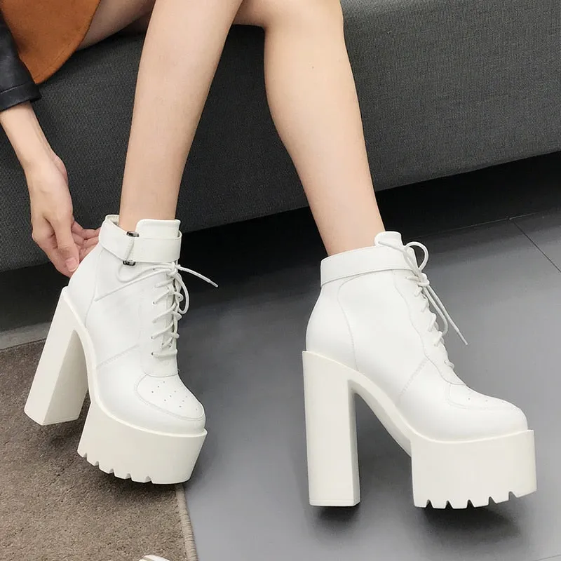 Thanksgiving  Amozae  Hot Sale Russian Shoes Black Platform Boots Women Zipper Autumn High Heels Shoes Lace Up Ankle Boots White Rubber Sole